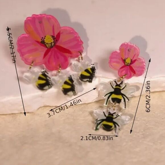 14k HIBISCUS BEE assemetrical cute fun whimsical kawaii novelty earrings - Picture 2 of 6